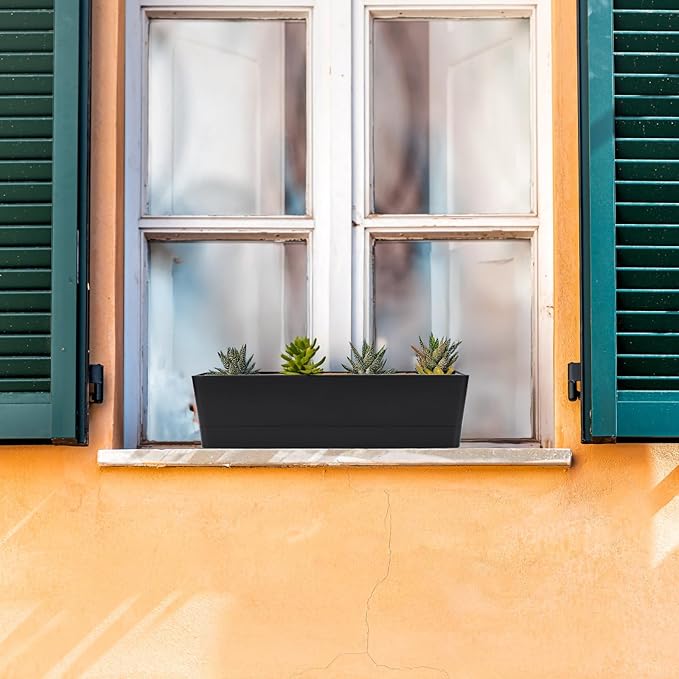 GREANER Rectangle Window Boxes, 6PCS 16x3.8 Inch Black Herb Planters with RemovableTray and Drainage Hole, Succulent Flowers Plastic Pot for Balcony, Office, Windowsill, Garden, Outdoor Decoration Use