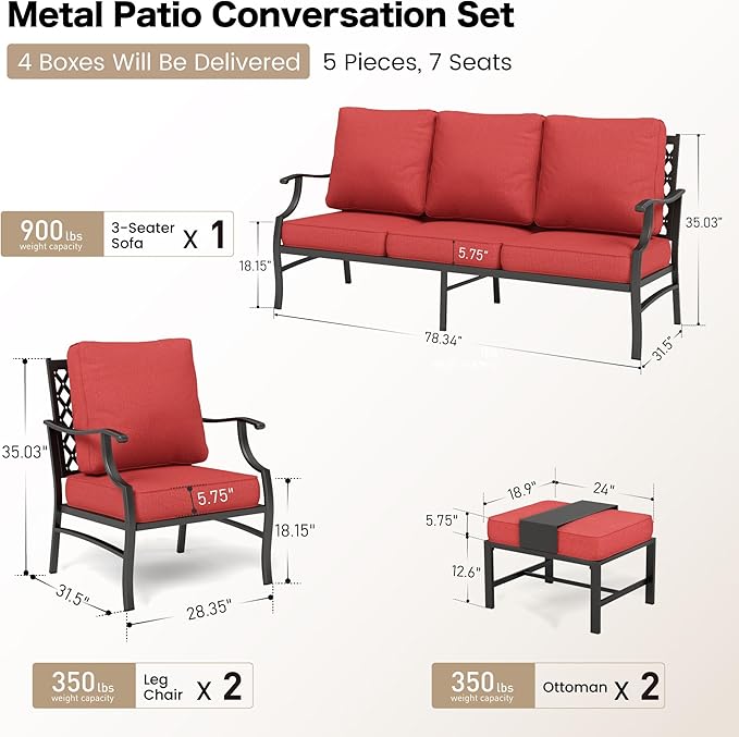5 Piece Metal Outdoor Patio Furniture Set, Patio Conversation Sets 1 3-Seater Sofa, 2 Fixed Chair, 2 Ottomans with 5.75" Thick Cushion, Black All-Weather Frame Backyard Furniture, Red