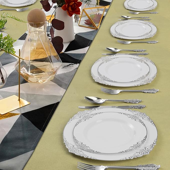 150PCS Silver Plastic Silverware for 50 Guests, Heavy Duty Silver Disposable Utensils Sets, Includes 50 Forks, 50 Spoons, 50 Knives, Elegant Cutlery Perfect for Wedding, Party