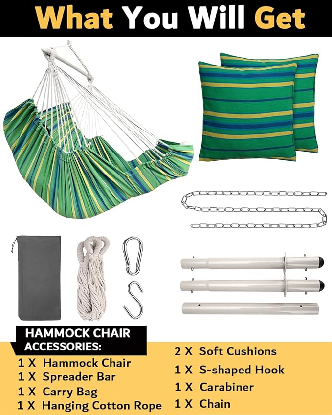 Miztli Hammock Chair Hanging Chair Swing for Bedroom with Foot Rest, Max 500 Lbs, Steel Spreader Bar with Anti-Slip Rings-2 Cushions Included-Indoor and Outdoor