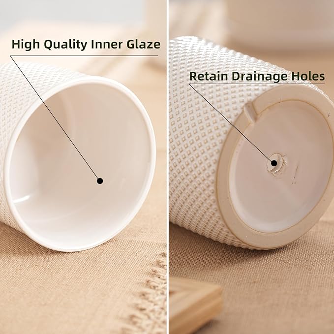 5.8 Inch Plant Pots: Ceramic Planter with Drainage Hole & Saucer - Flowerpot for Indoor & Outdoor Plants - Beaded Embossed Design White - with Separate Tray