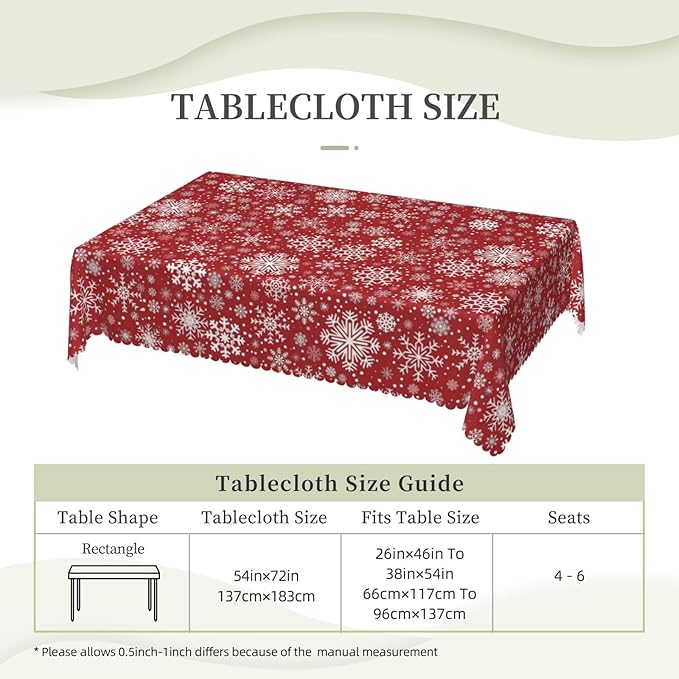 Christmas Snowflake Tablecloth for Dining Tables, Reusable Red White Snowflakes Table Cloths Tabletop Decoration Winter Holiday Xmas Rectangle Table Cover for Home,Kitchen,Party,54x72 Inch