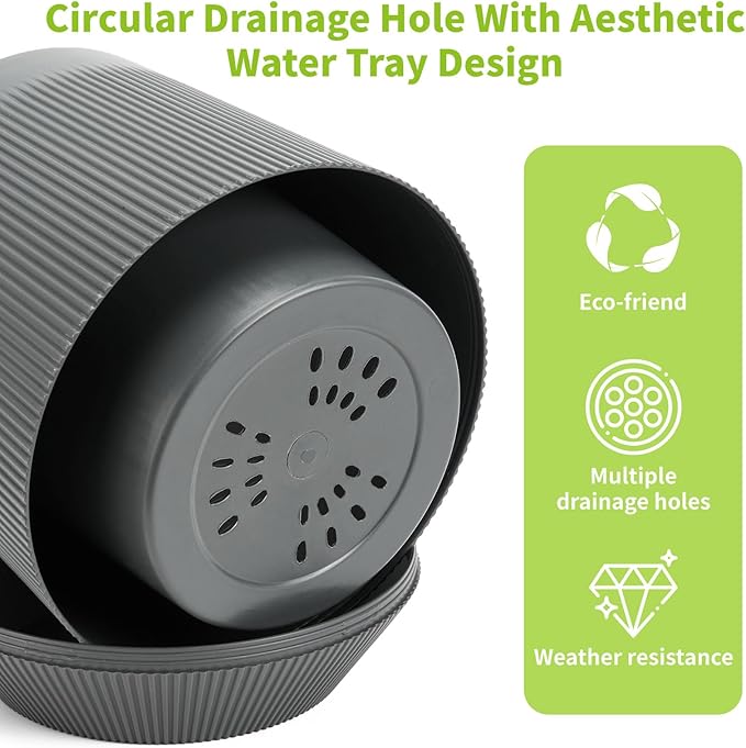 Plant Pots，Set of 3 Plastic Pots for Indoor Plants,Flower Pots Outdoor Planters with Drainage Hole and Seamless Saucer,Gray