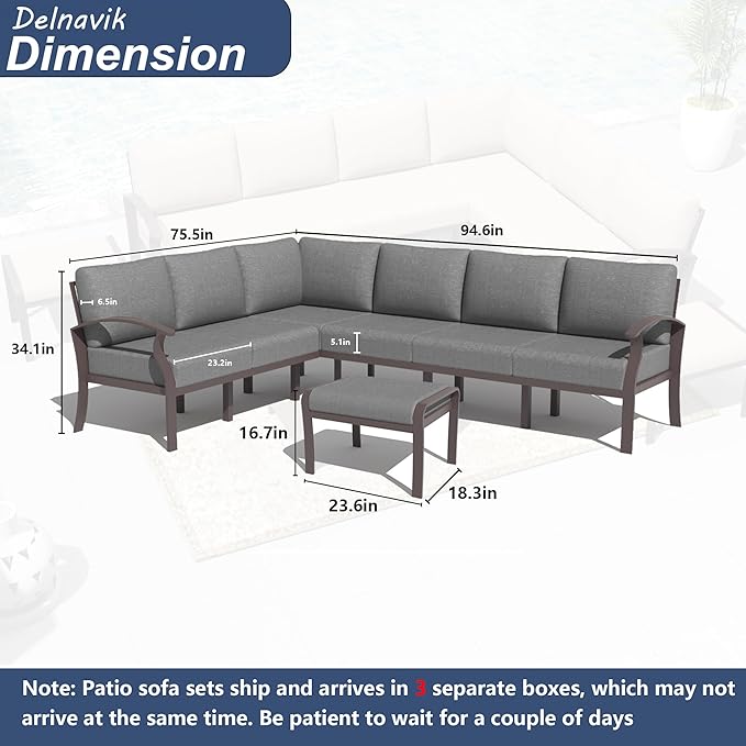 Kurapika Patio Furniture Set 8-Piece Aluminum Sectional Sofa with Armrest, Modern Outdoor Conversation Set, Metal Corner Sofa with Ottoman, Grey