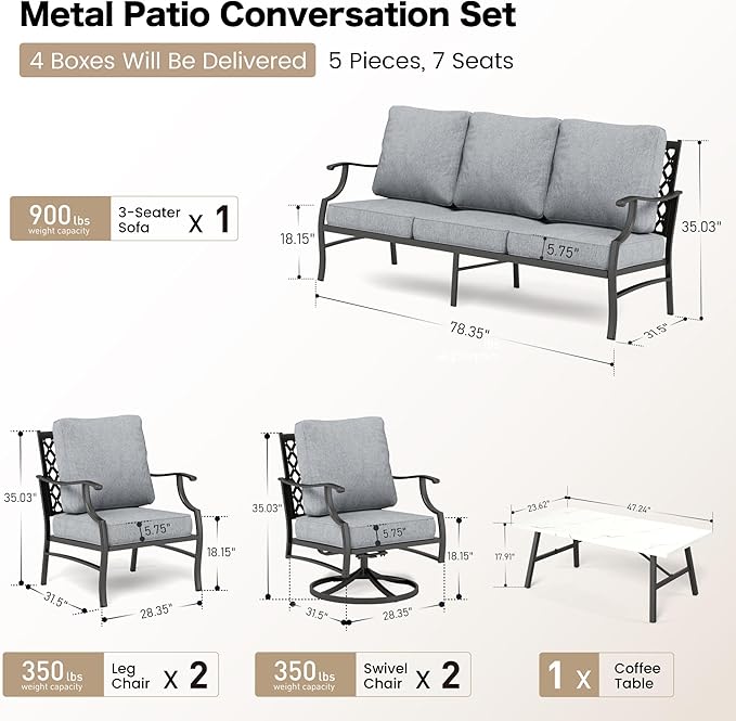 6 Piece Metal Outdoor Patio Furniture Set, Patio Conversation Sets 1 3-Seater Sofa, 2 Swivel Chair, 2 Leg Chair with 5.75" Thick Cushion and Coffee Table, Backyard Furniture Set, Gray