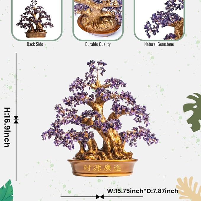 Natural Large Amethyst Tree,18" Amethyst Crystal Bonsai Tree(1300 Gemstone Count) Chakra Tree with Healing Properties Crystal Feng Shui Money Tree of Life for Positive Energy Good Luck Wealth