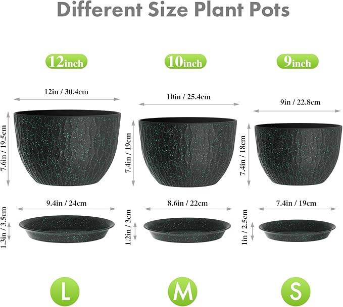 12/10/9 inch Large Plant Pots, 3 Pack Wide Flower Pots for Outdoor Indoor Plants, Water Ripples Plastic Planters with Drainage Holes and Saucers for Garden Hourse, Black with Green Speckles