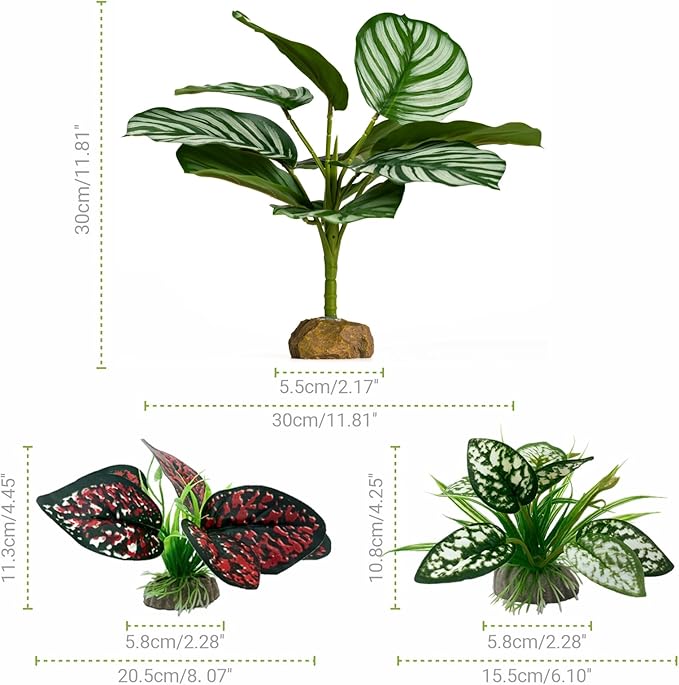 Reptile Artificial Plants, Big Terrarium Plants Decorations Supplies, Aquarium Fish Tank Plants, Amphibian Habitat Hideout Tank Accessories(L Set-3pcs/G)
