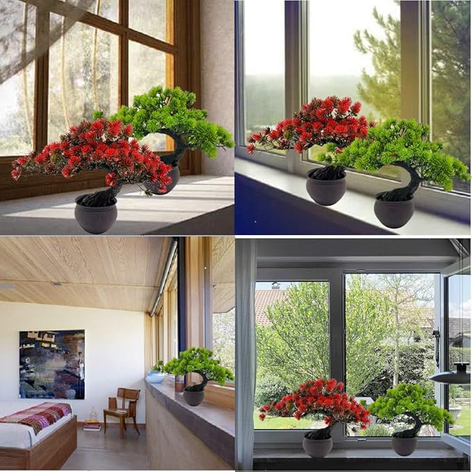 Artificial Bonsai Tree Miniature Artificial Plants Potted Japanese Zen Tree 33 cm in Width Artificial House Plants Juniper Bonsai Fake Plant Greenery for Home Office Decor Desktop Display