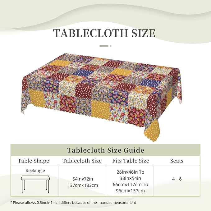 Boho Floral Patchwork Table Cloth for Dining Tables, Reusable Country Garden Fall Flowers Plaid Patchwork Tablecloths Decoration Rectangle Table Cover for Kitchen,Holiday,Party, 54x72 Inch
