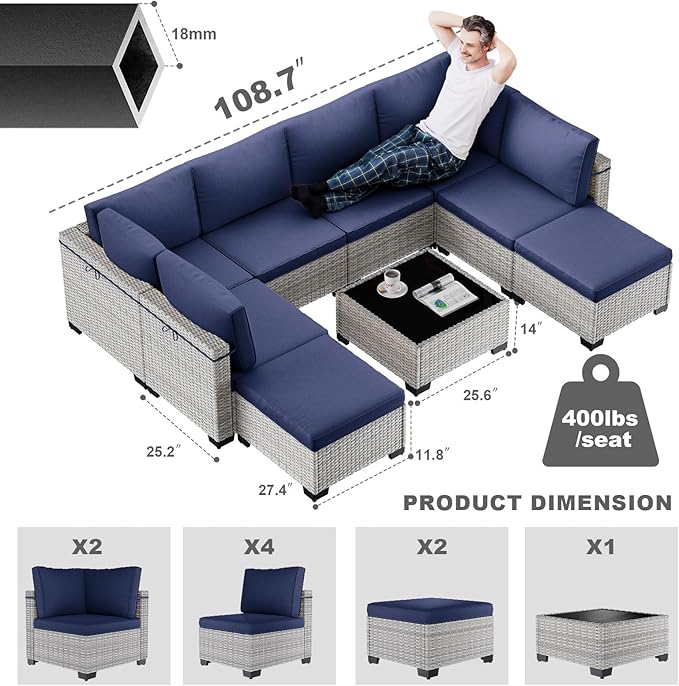 9-Piece Patio Furniture Set, Outdoor Sectional with Ottomans, Modular Patio Sofa, Dual-Strand Wicker Rattan, Rust-Resistant Frame, Backyard Furniture for Garden, Deck, Navy Blue