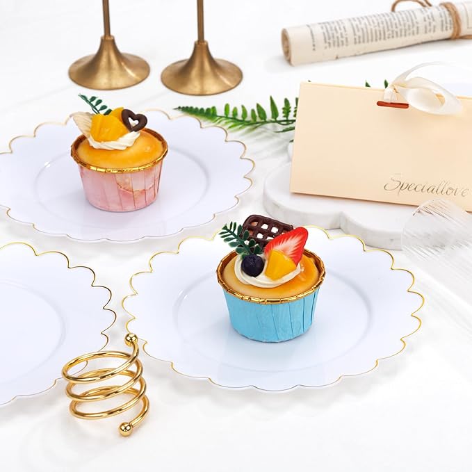 SUT 72Pcs Plastic Plates-7.5inch White Dessert Plates with Gold Trim, White Disposable Plates, Disposable Plates,Fancy Plastic Plates, Heavy Duty Plastic Plates for Wedding & Parties