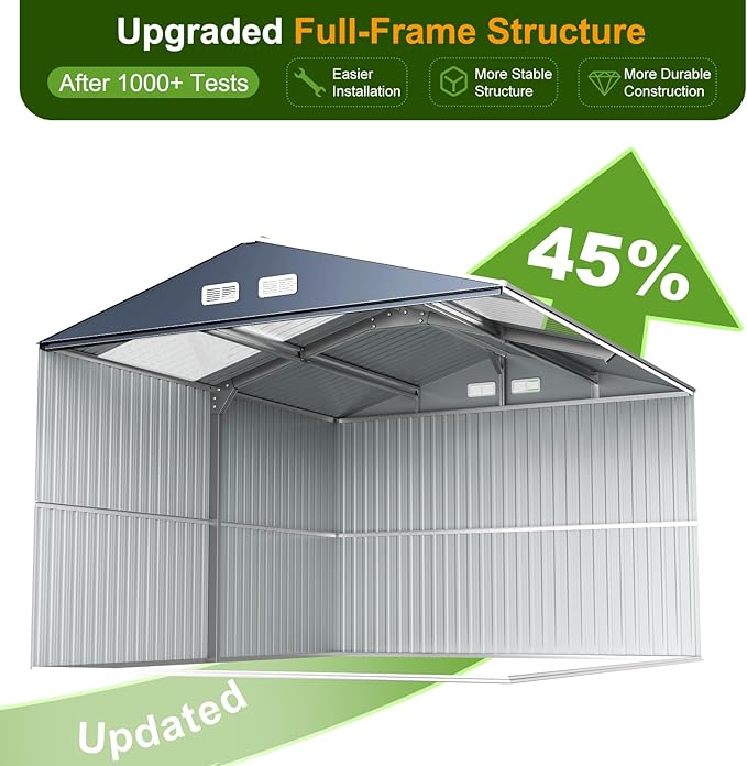12x10 FT Metal Sheds & Outdoor Storage with Floor: Heavy Duty Garden Sheds with Dual Transparent Roof Panels, DIY-installable Windows & Lockable Doors, Tool Shed w/Base for Backyard, Patio, Grey