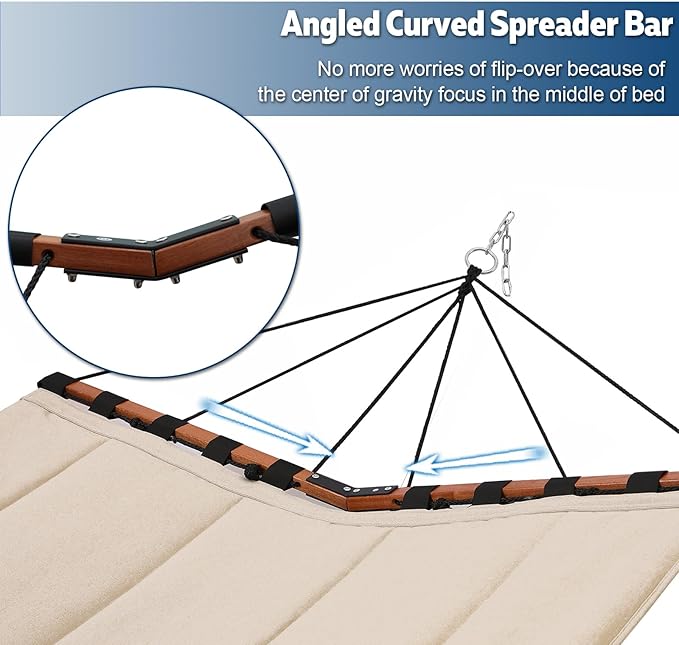 TegerDeger 12FT 2 Person Hammock Large Hammock 450LB Capacity with V Shaped Hardwood Spreader Bar & Nylon Rope for Outside, Patio, Garden, Backyard, Beach, Poolside - Brown