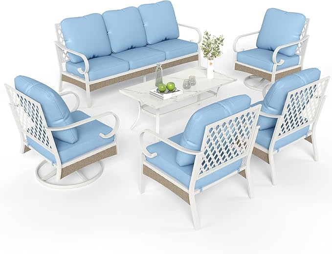 6 Piece Patio Furniture Set, 2 x Fixed Chair, 2 x Swivel Chair, 1 x 3-Seat Sofa with Marbling Coffee Table, All Cushioned 7 Seats Outdoor Conversation Set for Lawn Garden Backyard, Blue