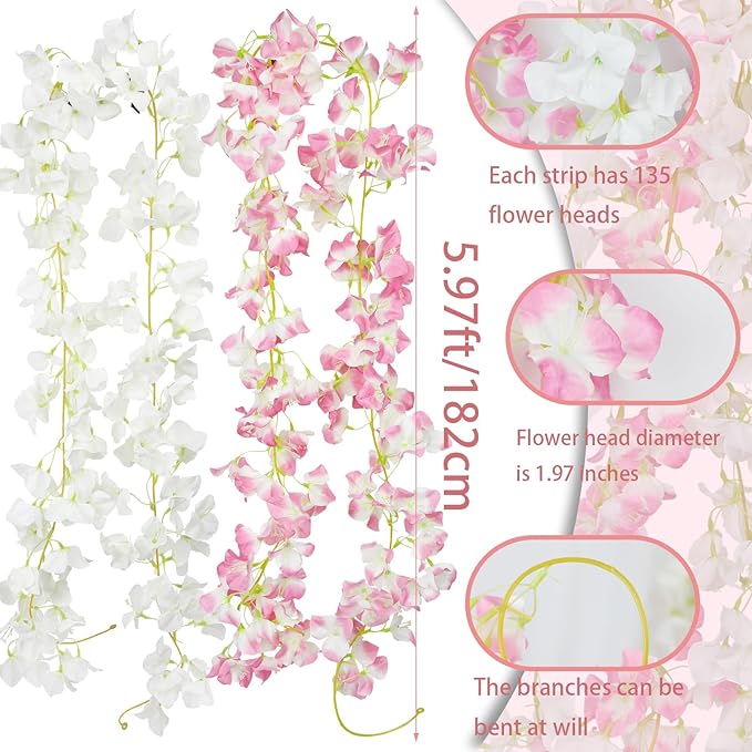 2 Pcs Artificial Bougainvillea Flowers Garland Fake Silk Bougainvilleas Vines Trailing Faux Hanging Flowers Plants Bougainvillea Artificial for Porch Wedding Arch Spring Summer Decor Pink White