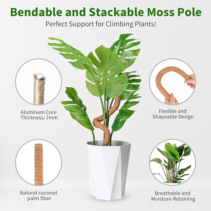 Moss Pole Set for All Growth Stages – 2 Pack 28” Bendable Moss Poles & 2 Pack 12” Stackable Coir Poles, Moss Pole Monstera Plant Support for Pothos, Philodendron, Indoor Climbing Plants