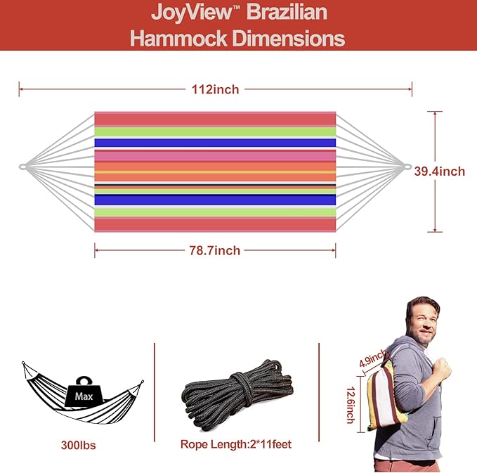 JoyView Brazilian Hammock for Single Person - Portable Cotton Hammock with Hanging Ropes & Carry Bag - 78.8x39.4' - 300LBS Capacity - Perfect for Outdoor/Indoor - Color Stripes