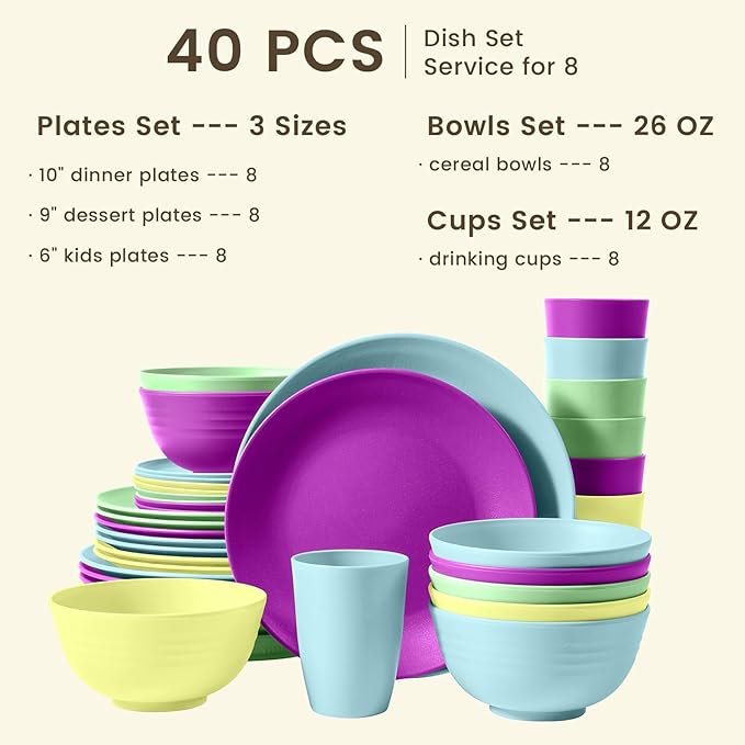 Homienly 40-Piece Kichen Dinnerware Set, Wheat Straw Dinnerware Set, Plates, Bowls, Drinking Cups, Service for 8, Dishwasher & Microwave Safe Dish Set, Unbreakable Plates and Bowls Set - Memphis