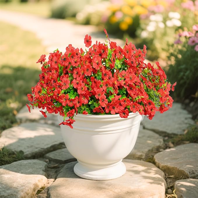 Artificial Flowers for Outdoors, 12 Bundles Outdoor Faux Plants,Uv Resistant Artificial Fake Flowers Plants, Realistic Spring Decor for Porch, Patio, Yard (Red)