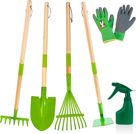 Kids Gardening Tools Set - 6PCS Detachable Garden Tool Kit with Gloves, Shovel, Rake, Hoe, Leaf Rake & Spray Bottle - Wooden Handles with Hanging Hole, Perfect Outdoor Toy Gift for Ages 3-5