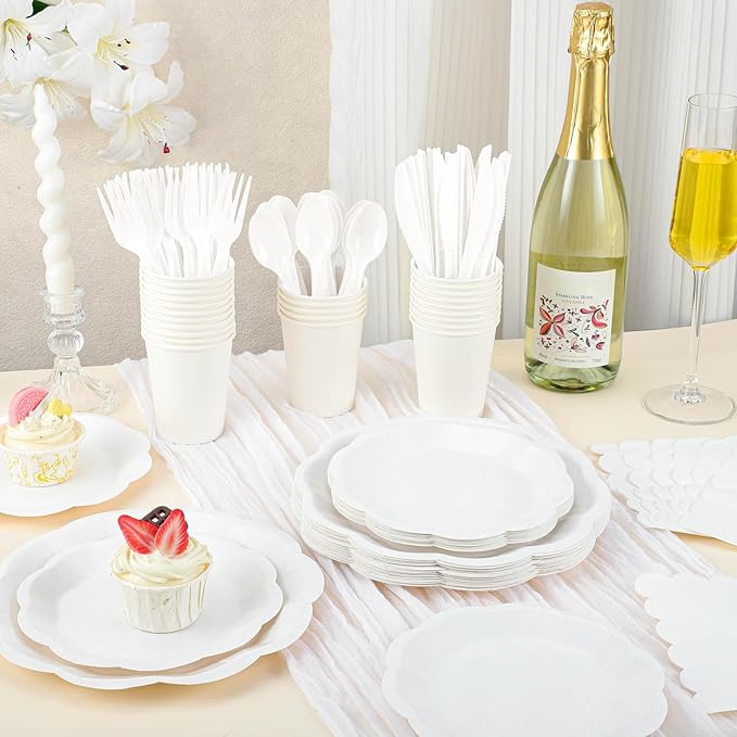 175 Pcs White Plates and Napkins Set, 25 Guest White Party Supplies Include Scalloped Plate Paper Napkin Cup Forks Knives Disposable Plastic Cutlery for Wedding Baby Shower Birthday Party