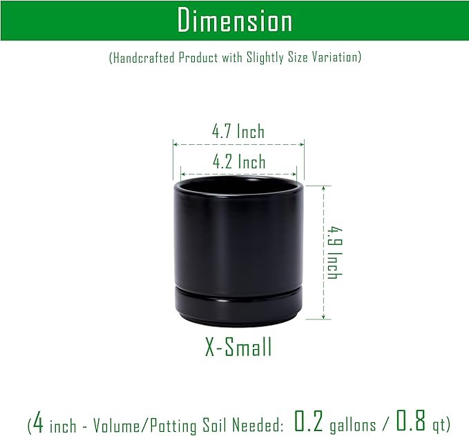 D'vine Dev Set of 4 Small Ceramic Plant Pots, 4.7 Inch Succulent Planter Pot for Plants with Drainage Hole and Saucer, Black, 94-X-B-2