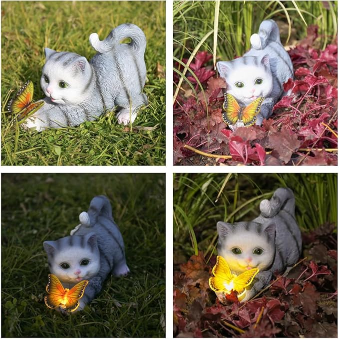 Solar Cat Statue with LED Lights & Butterfly - Outdoor Garden Decor for Patio, Lawn, Yard - Waterproof Cat Figurines, Housewarming Gardening Gifts for Women, Mom, Grandma