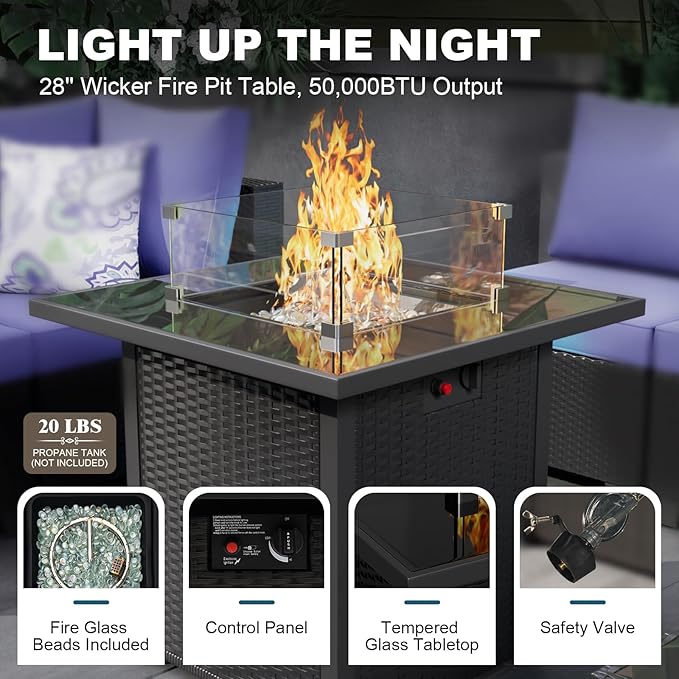 Patio Furniture Set with Fire Pit Table 28", 8-Piece Outdoor Furniture Set with Thick Cushions, Wicker Sectional Sofa for Porch Garden Backyard, Coffee/Blue