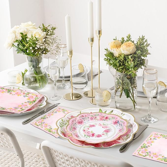 Tanlade 96 Pcs Pink Floral Plates and Napkins Serve 24, Disposable flower Paper Scalloped Dinner Plates 2 Ply Paper Napkins for Wedding Birthday Decorations Party Supplies