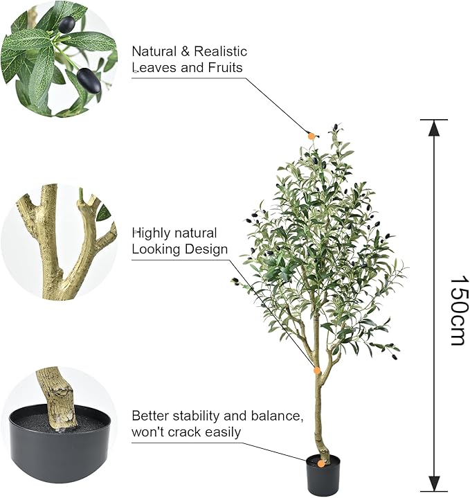 Artificial Olive Tree 5FT Olive Tree Indoor Floor Plant with 1482 Leaves Lush Large Artificial Plant Faux Olive Plant for Corner Bedroom Livingroom Patio Office