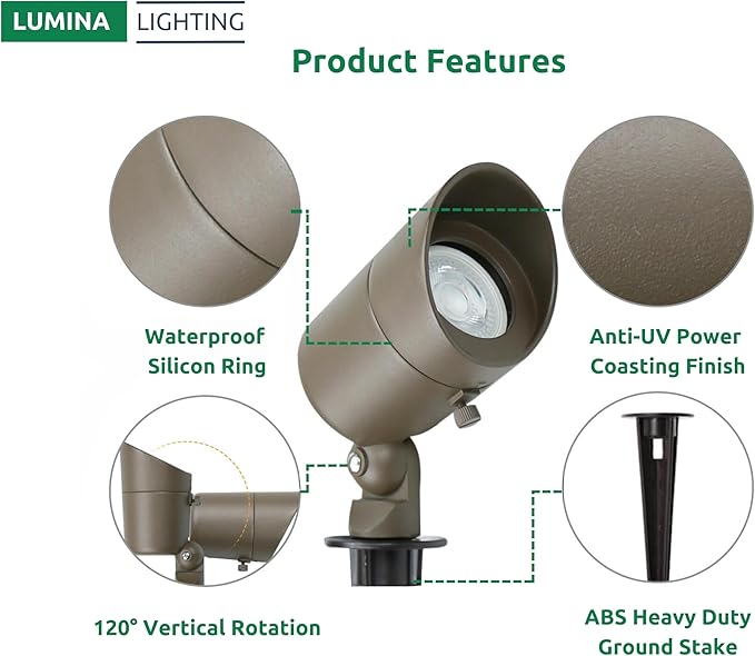 Lumina Lighting® 4W Landscape lighting 12V Landscape Lights Low Voltage Landscape Spotlights Warm White Waterproof Outdoor Replaceable LED Bulb for Garden, Lawn, Porch, Patio and Yard (Bronze, 6-Pack)