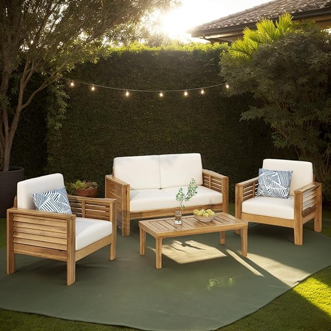4-Piece Patio Furniture Set: Outdoor Acacia Wood Patio Furniture Set with Loveseat, Sectional Sofa & Coffee Table with Premium Cushions, Durable Conversation Set for Backyard, Garden (4, brown)