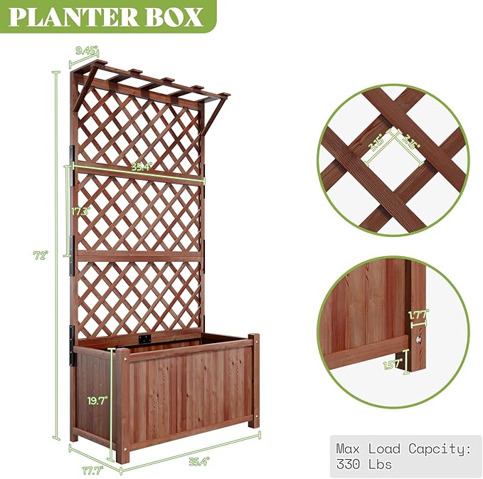 Amerlife 35.4x17.7x72 Inch Raised Garden Bed with Trellis, Wooden Planter Box for Vegetables and Climbing Plants with Drainage Holes