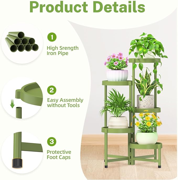 iDavosic.ly 5 Tier Folding Plant Stand Indoor Outdoor with Plastic Tray, Tiered Corner Flower Holder Shelf, Metal Orchid Display Rack for Patio Porch Living Room Garden Balcony, Green