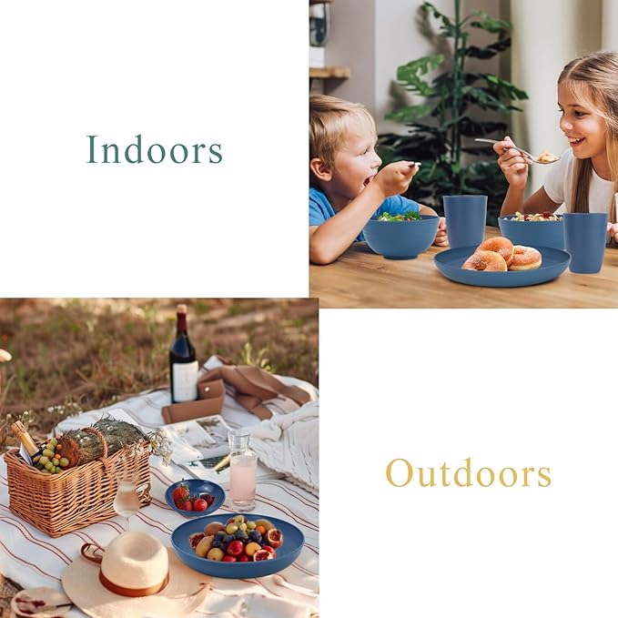 Wrova Wheat straw plates and bowls sets of 16 - Unbreakable wheat straw dinnerware sets for camping - Alternative plastic dinnerware set service for 4 - Microwave safe and Dishwasher safe bowls. Blue