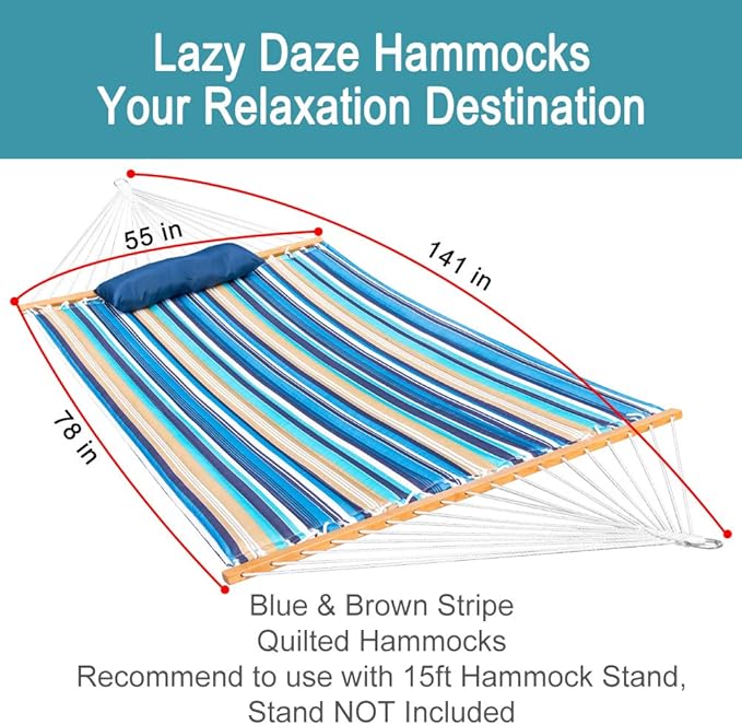 Lazy Daze Hammocks 12 FT Quilted Fabric Double Hammock with Spreader Bars and Detachable Pillow, 450lbs Weight Capacity, Beaches Stripe
