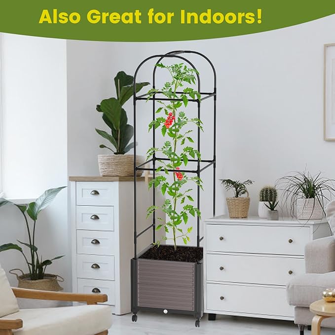 Raised Garden Bed Planter Box with Trellis, 61'' Tomato Planters for Climbing Plants Vegetable Vine Flowers Outdoor Patio Tomato Cage, Self Watering Planter with Wheels
