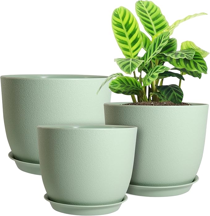 Modern Plant Pots Set, 9/8/7.5 inch Plastic Planters for Indoor Plants, Stylish Flower Pots with Drainage Holes and Saucers for House Plants and Flowers, Green
