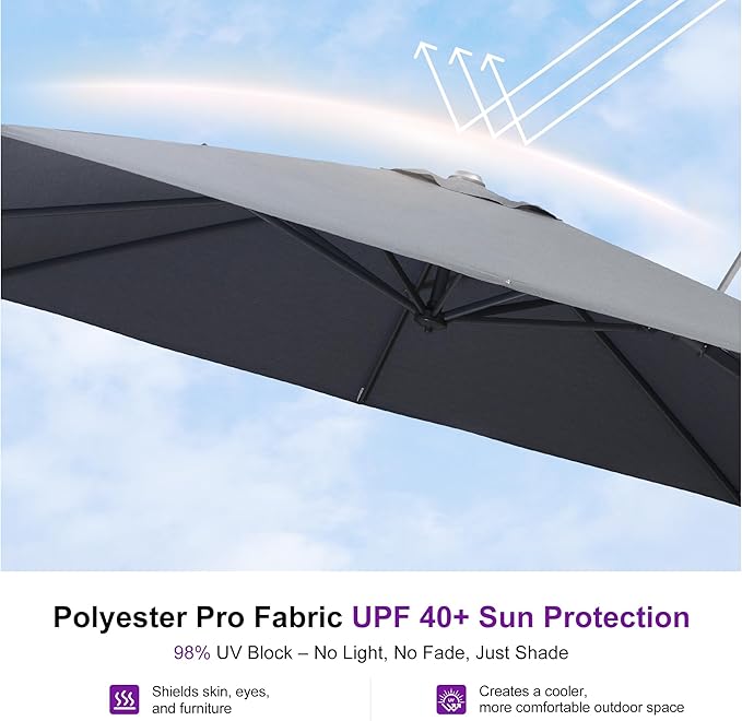 PURPLE LEAF 10' X 6.5' Swivel Outdoor Patio Aluminum Umbrella with Base Left-right Tilting Cantilever Offset Umbrella with UV Resistant Heavy Duty Fabric for Deck Pool Patio Backyard, Graphite Grey