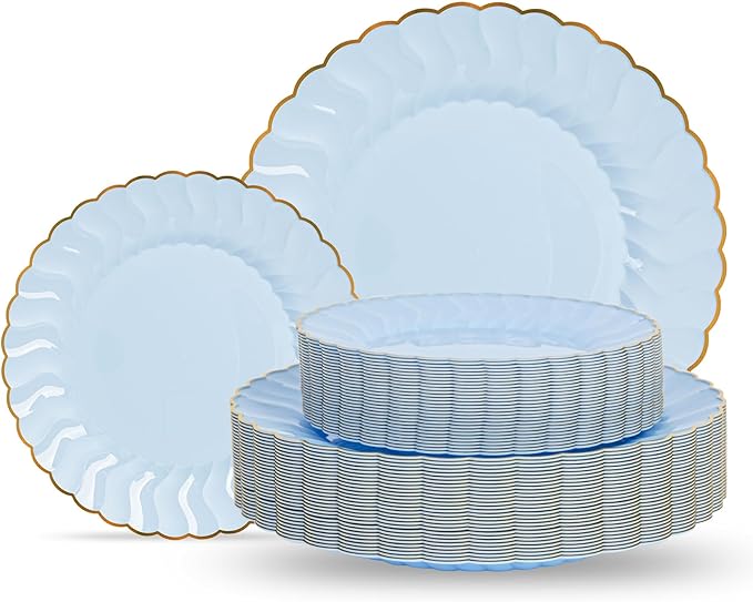 Lullaby 60PCS Light Blue Plastic Plates with Gold Rim, Includes 30PCS Dinner Plate 10'' and 30PCS Dessert Plate 7.5'', Baby Blue Plastic Plates for Party, Wedding and Daily Use