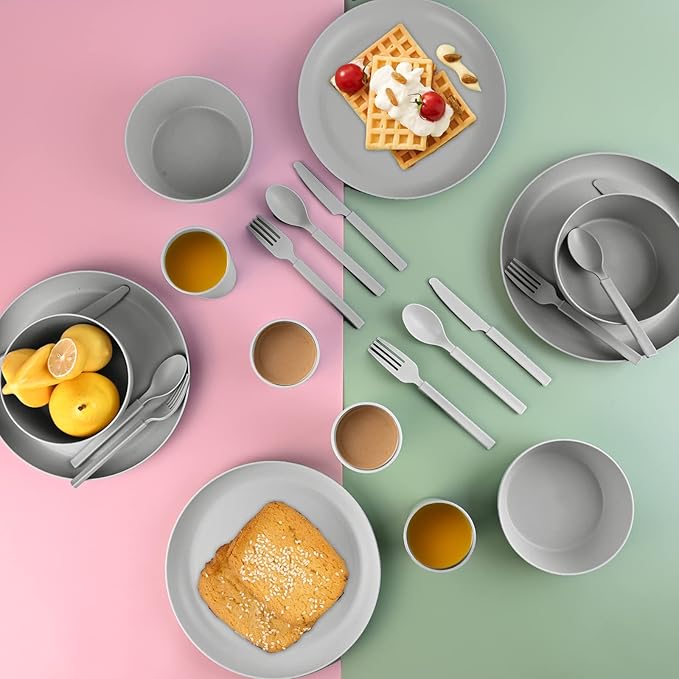 Wheat Straw Dinnerware Sets - 24 pcs Lightweight Bowls Unbreakable Dish Set Dishwasher Microwave Safe Wheat Straw Cups Cutlery Plates and Bowls Set for 4 Suitable for Camping Party Grill（Grey）