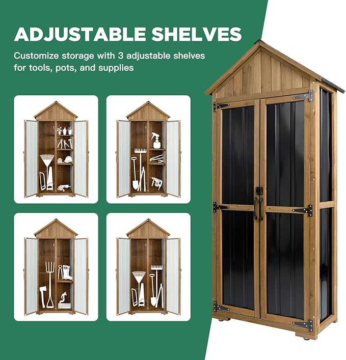 Outdoor Storage Cabinet, Wood & Metal Storage Shed with Weather-Resistant Roof, Adjustable Shelf, Lockable Doors & Adjustable Feet, for Garden, Patio, Backyard, 27.5" x 13" x 67" (Brown+Black)