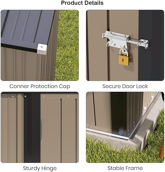 Patiolife 5x3 FT Outdoor Storage Shed, Small Tool Metal Shed with Lockable Door & Sloping Roof, Garden Shed for Backyard Patio Lawn, Brown