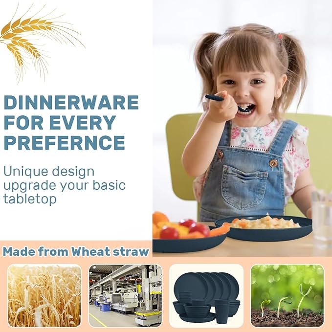 Wheat Straw Dinnerware Sets - SGAOFIEE 36 Piece Unbreakable Dinnerware Sets, Reusable Wheat Straw Plates and Bowls Sets, Travel Camping Cutlery Set, Dishwasher Microwave Safe Dinnerware-Blue