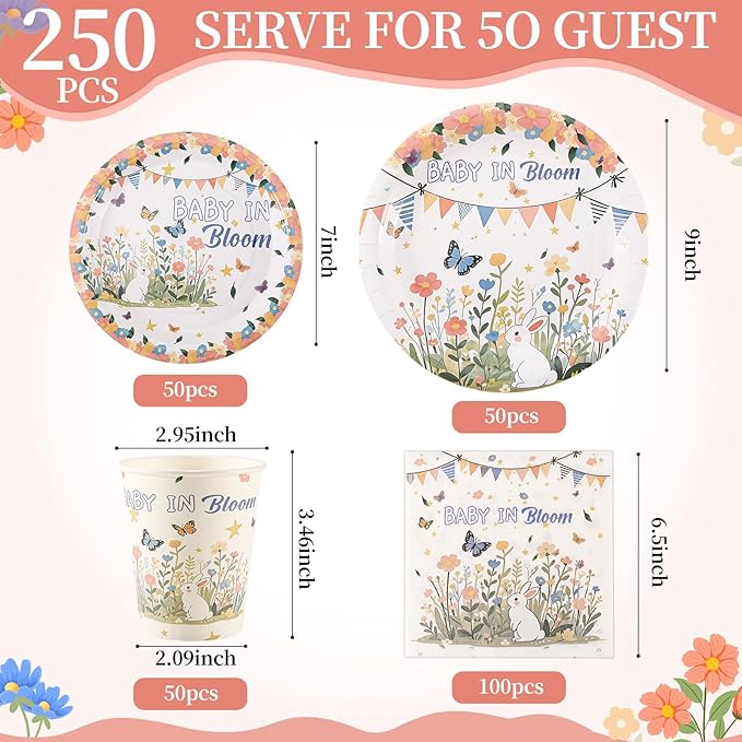 250 PCS Baby in Bloom Baby Shower Decorations Plate Set, Wildflower Paper Plates Napkins and Cups for Birthday Garden Gender Revealing Party Serve 50 Guest