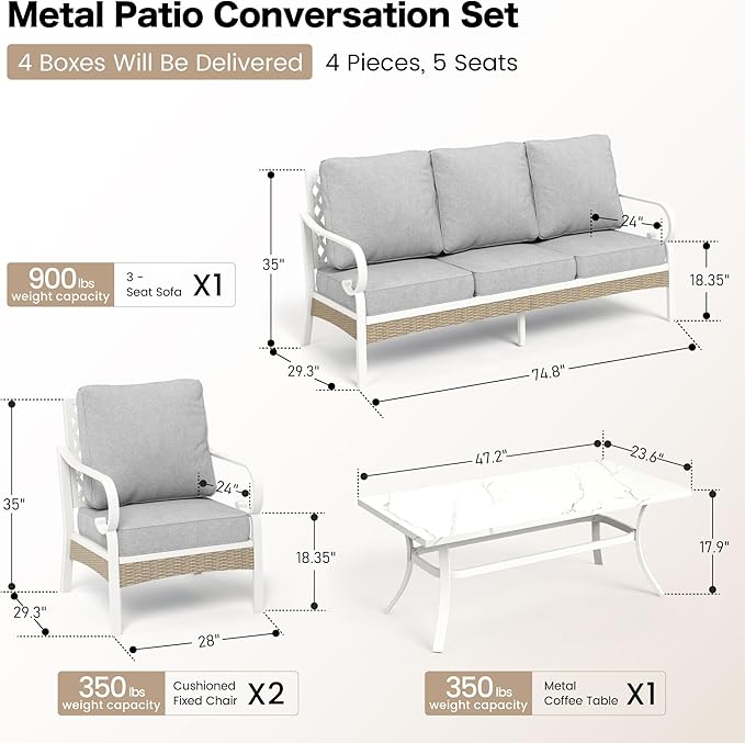 4 Piece Metal Outdoor Patio Furniture Set, Patio Conversation Sets 1 3-Seater Sofa, 2 Single Sofa with 5.75" Extra Thick Cushion and Coffee Table, White Frame Backyard Furniture, Gray