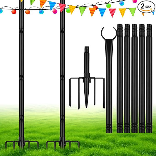 Suchtale 8.5FT Poles for String Lights with Forks, 2 Pack Metal Stands with Hooks & 5-Prong Base for Garden, Patio, Fence, Deck, Backyard, Wedding, Black, Built for Tough Environments