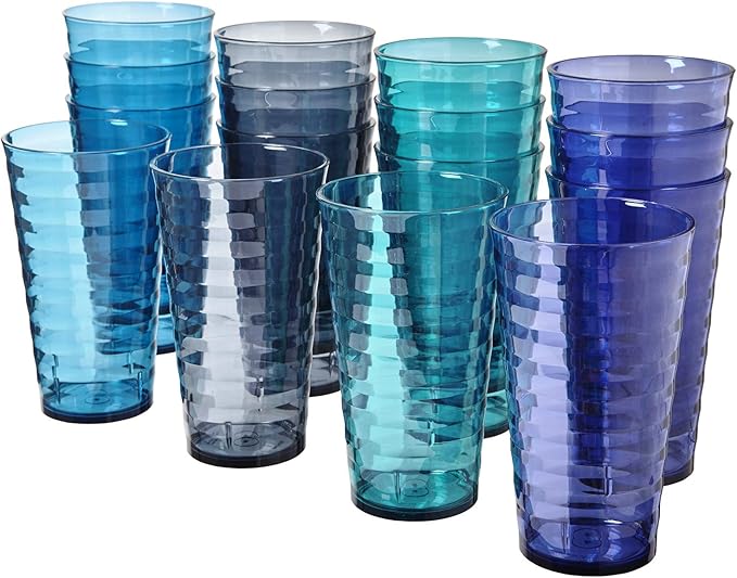 US Acrylic Splash [Set of 16] 18 ounce Plastic Stackable Water Tumblers in 4 Coastal Colors Value Set of Drinking Cups, Reusable, BPA-free, Made in the USA, Top-rack Dishwasher Safe