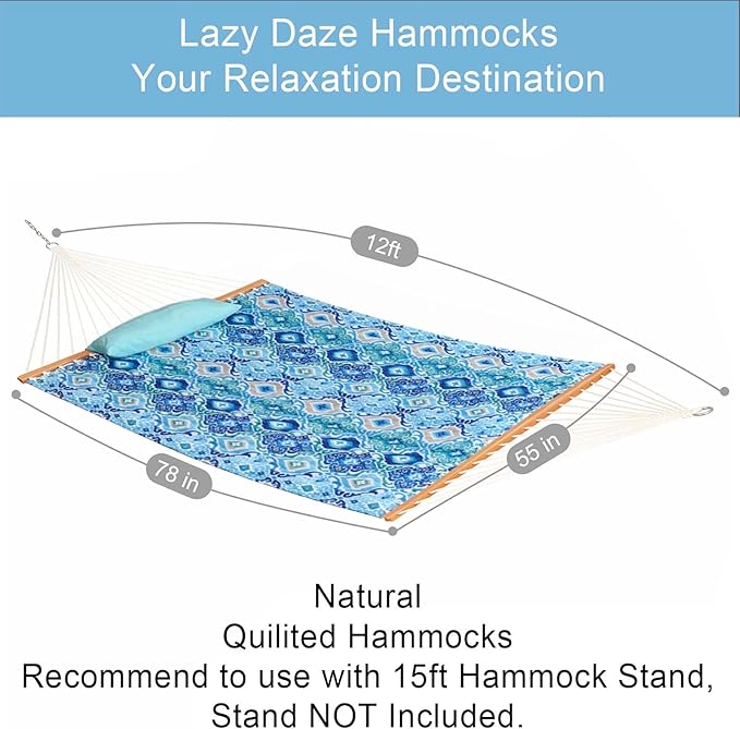Lazy Daze Hammocks 12FT Quilted Fabric Hammock with Soft Pillow, Double 2 Person Tree Hammock with Spreader Bar for Outdoor Outside Patio Garden Yard Pool Beach, 450lbs Capacity, QFH037